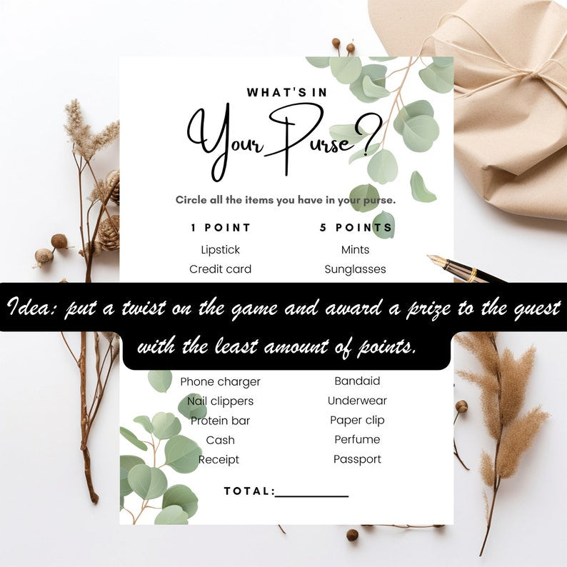 What's In Your Purse Game, Printed + Shipped, Bridal Shower Game, Wedding Shower Game, Purse Game,Minimalist Bridal Shower, Bridal Games